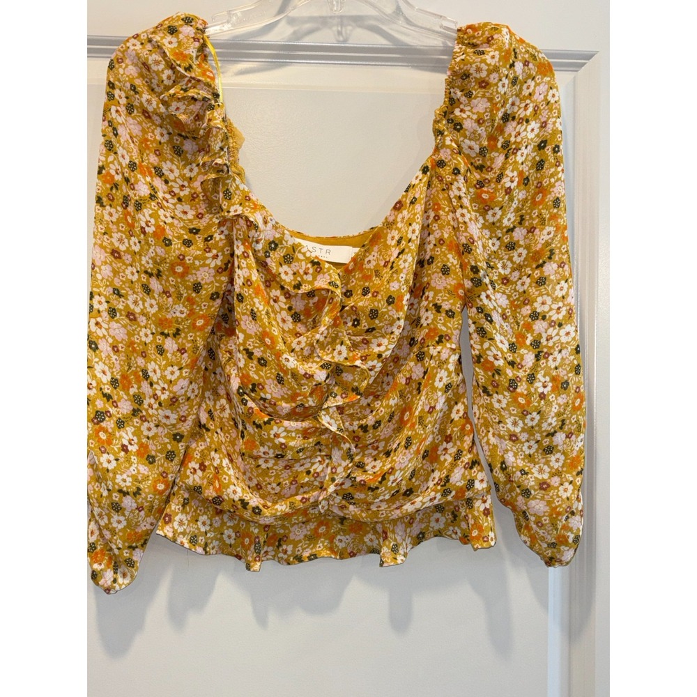 Astr The Label Blouse Top Womens Small Mustard Ditsy Floral Ruched Puff Sleeve